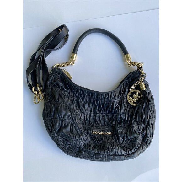 Michael Kors MK Black Soft Leather Ruffled Pleated Hobo Shoulder Bag - Picture 1 of 9